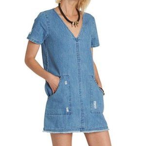 Element Women's Denim Blue Jean Fringe Distressed Dress Size Large Grunge Punk